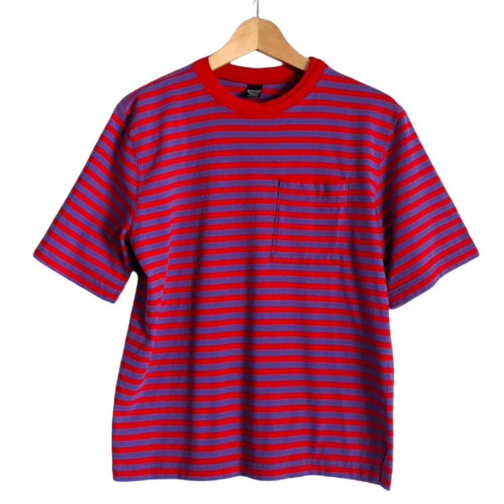 VTG 90's Y2K Women's Red Purple Striped Boxy Fit T-shirt Size Medium